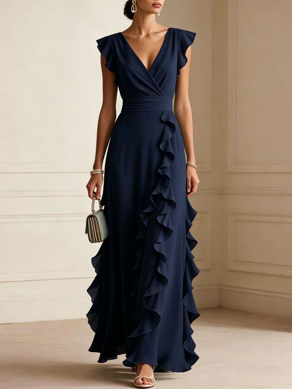 Woman wearing a navy blue evening gown with ruffled details in an indoor setting.