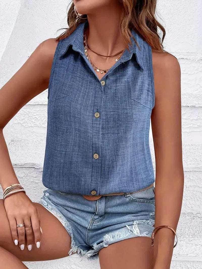 Cotton Linen Lapel Sleeveless Loose Shirt Top - ZA-Zola