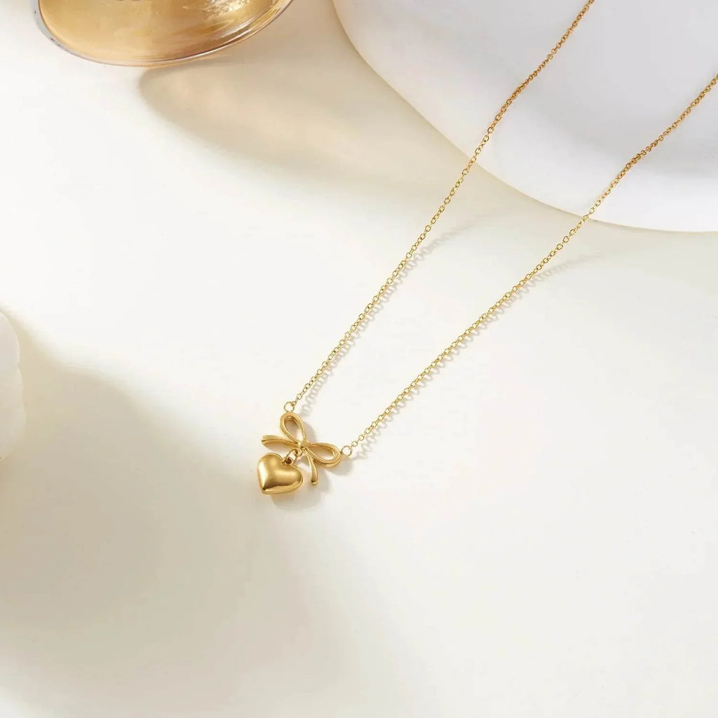 Stainless Steel Heart Bowknot Charm Necklace – Women's Fashion - ZA-Zola