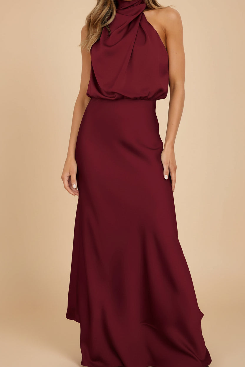 Maroon halter neck dress on a white background