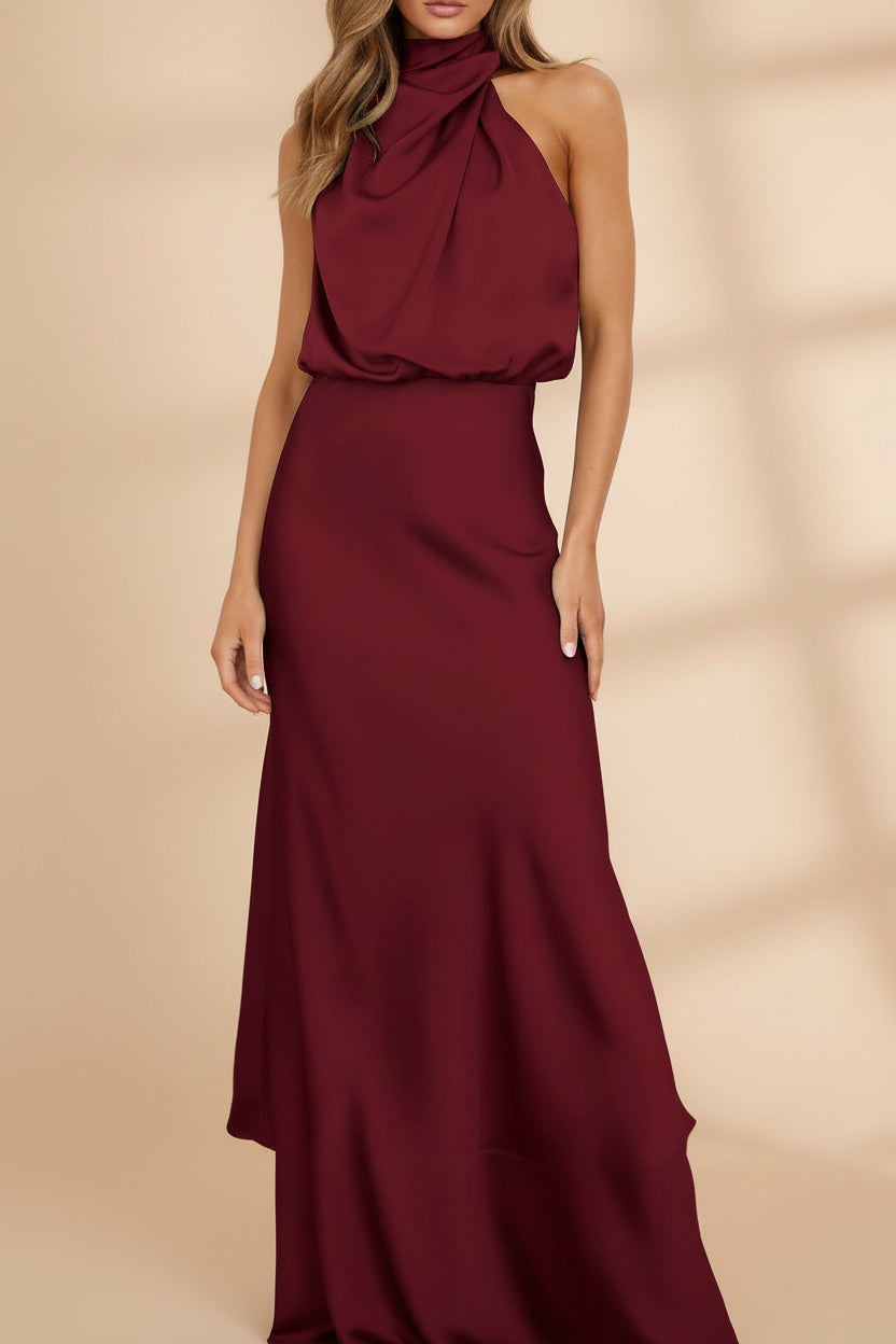 Maroon halter neck dress on a white background