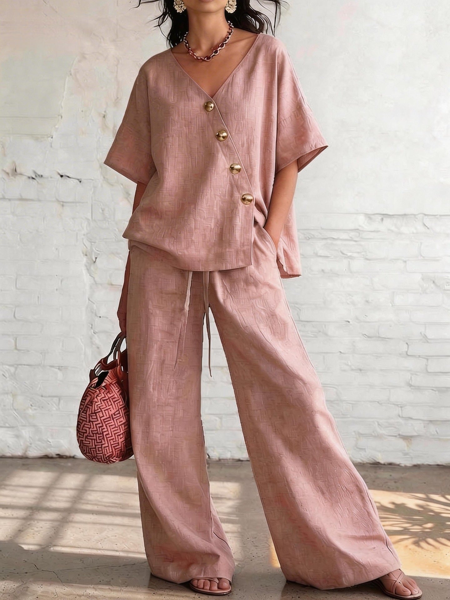 Person wearing a pink outfit with gold buttons against a white brick wall.