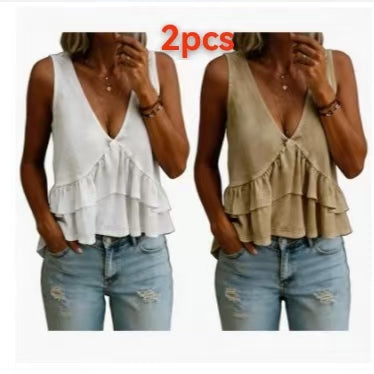 Two women wearing ruffled tank tops and jeans with '2pcs' text above.