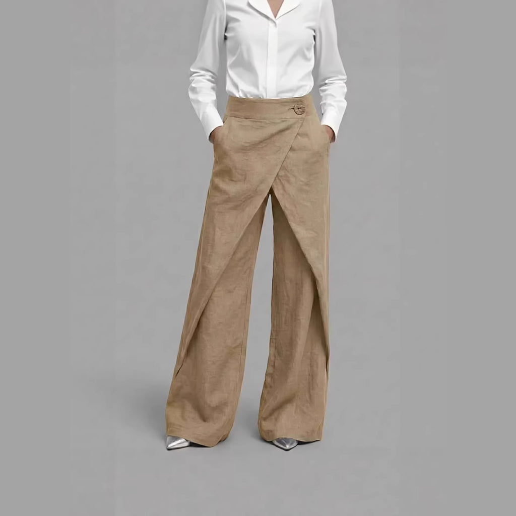 Person wearing a white shirt and beige wide-leg pants on a gray background