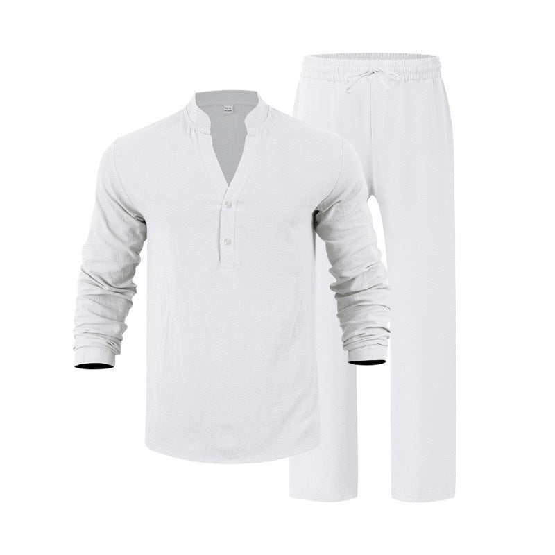 White long-sleeve shirt and pants set on a white background