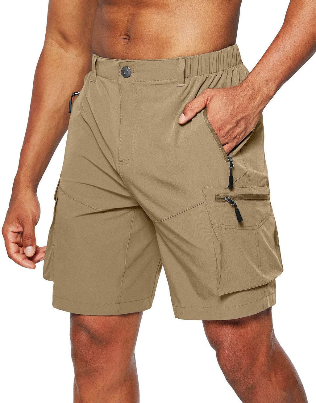 Beige cargo shorts worn by a person on a white background