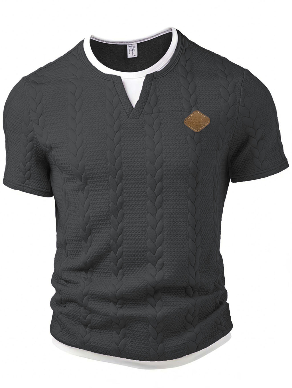 Dark gray cable knit short-sleeve sweater with a brand logo on a white background