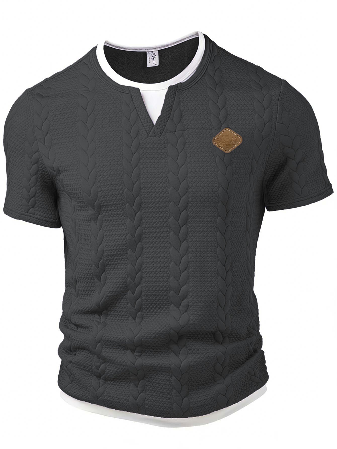 Dark gray cable knit short-sleeve sweater with a brand logo on a white background