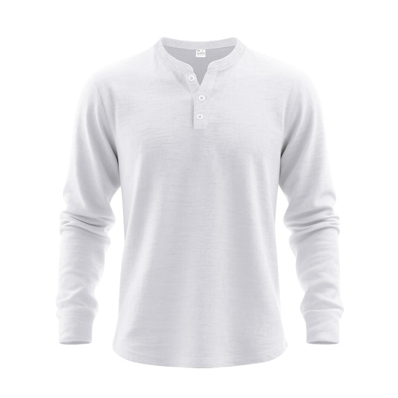 White long-sleeve henley shirt on a white background