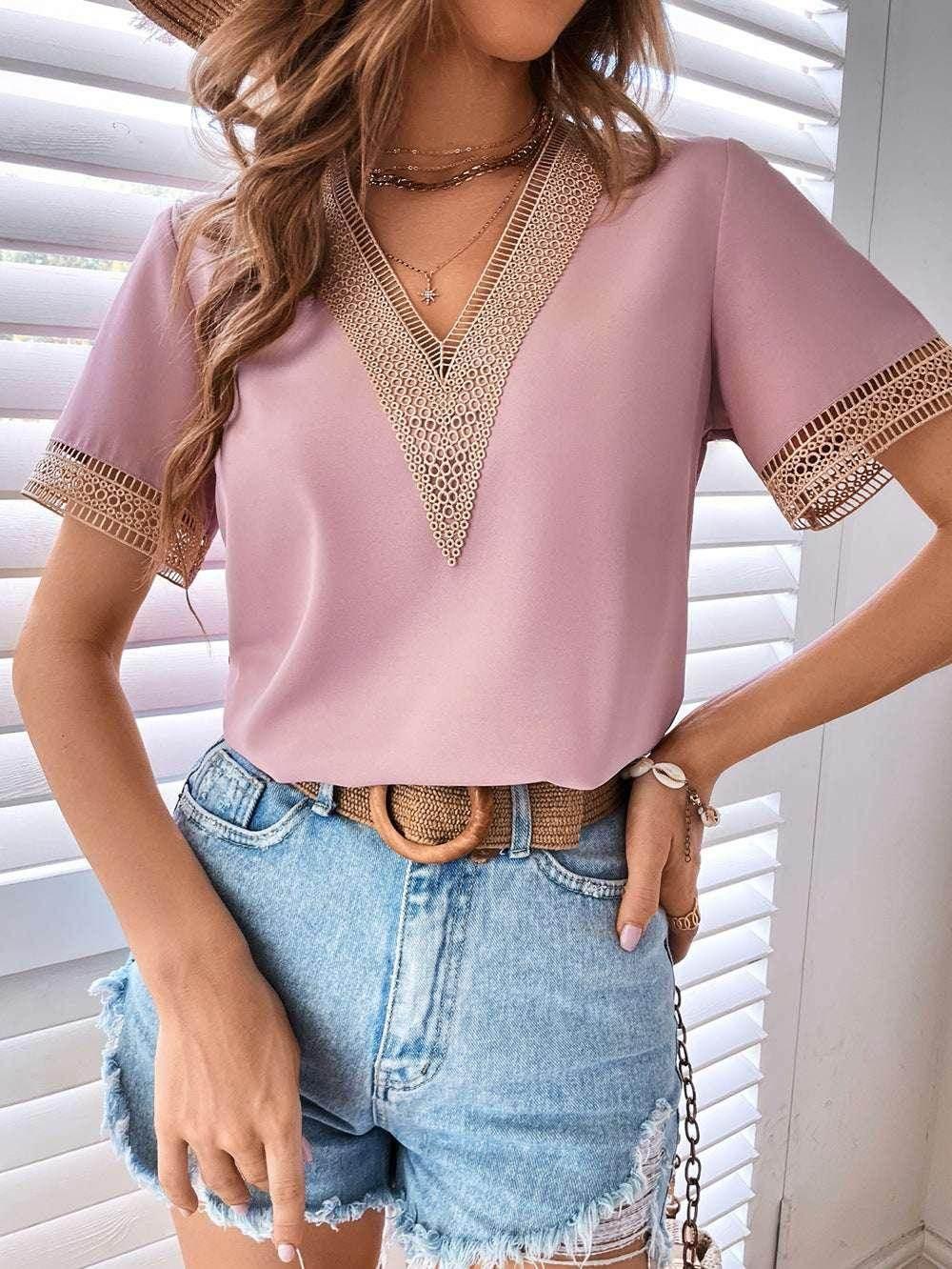 V-Neck Lace Patchwork Loose Commuter Top - ZA-Zola