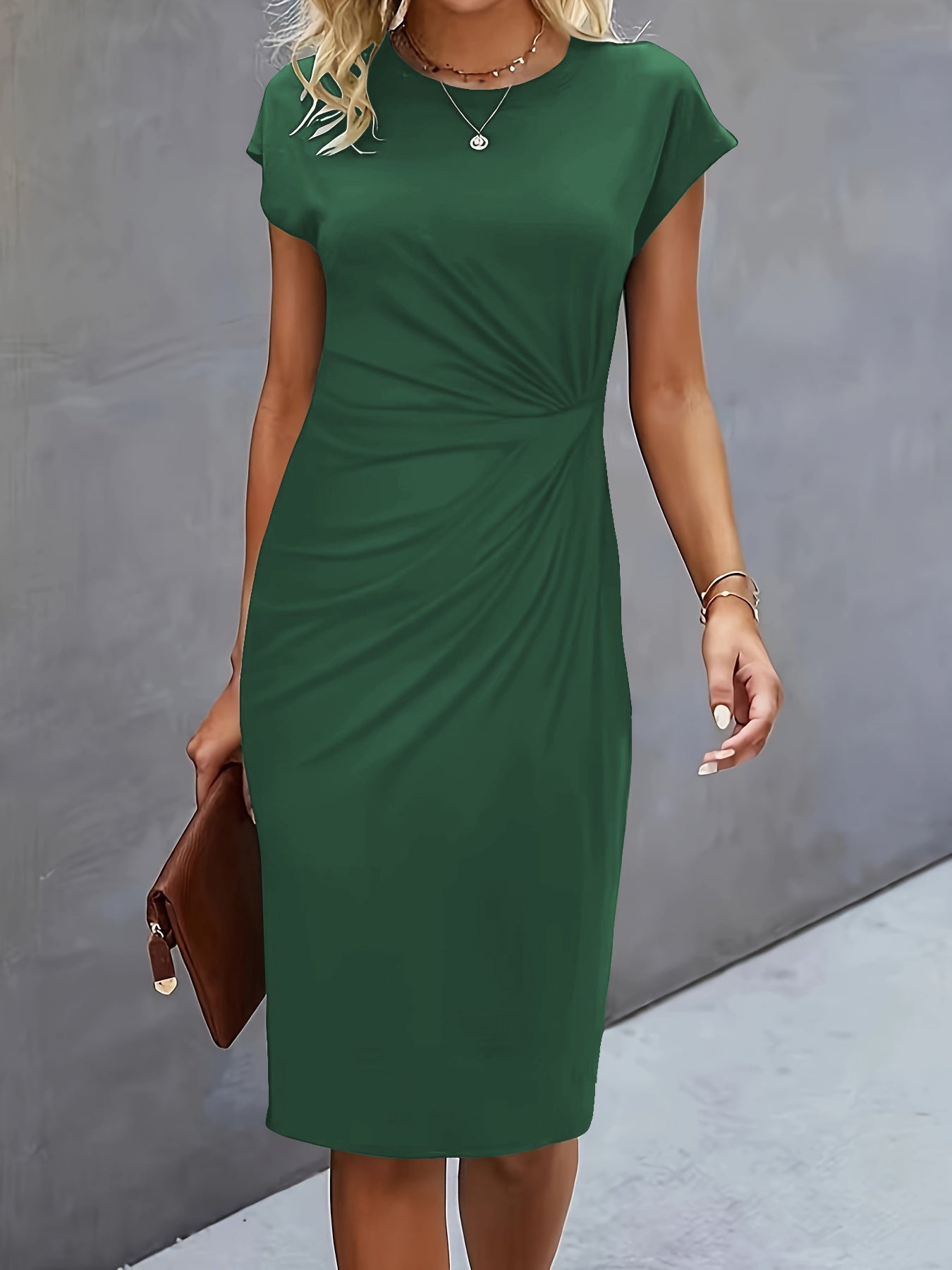 Women's Casual Front Knot Round Neck Midi Bodycon Dress