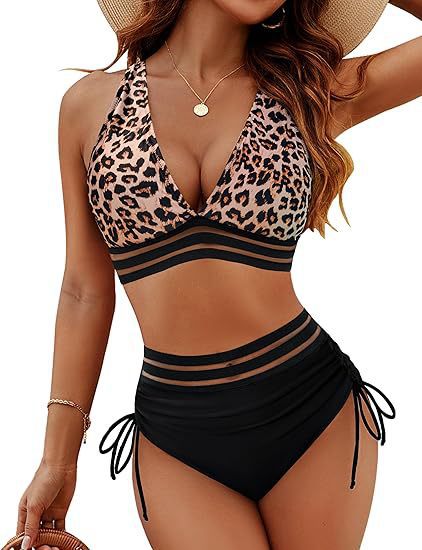 Leopard print bikini top and black high-waisted bottoms on a model.