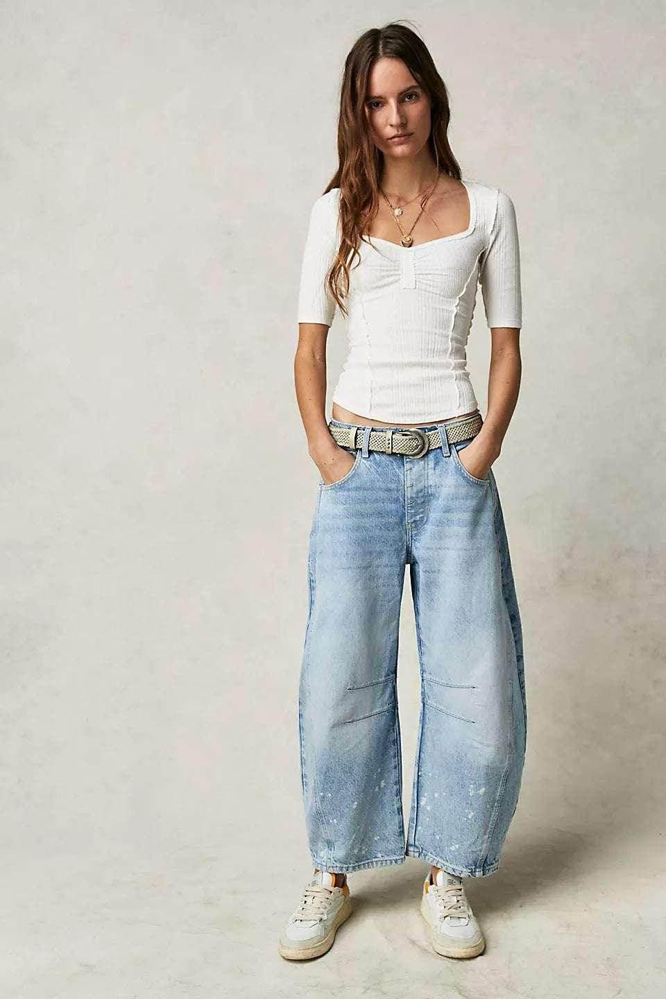Mid-Rise Barrel Jeans with Wide-Leg Fit - ZA-Zola