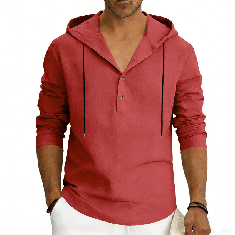 Red hoodie with a V-neck design on a white background