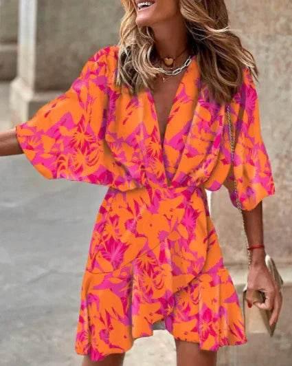 Irregular Hem Bat Sleeve V-Neck Dress – Bold Prints - ZA-Zola