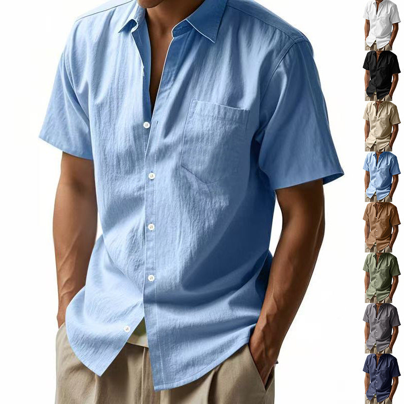 Light blue short-sleeve shirt worn by a person with multiple color options displayed below.