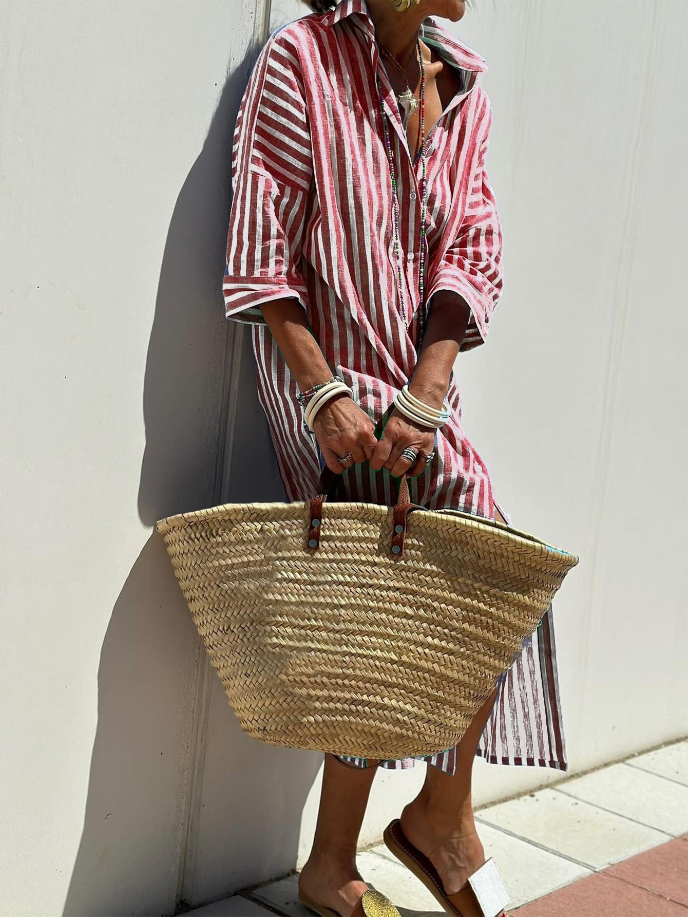 Striped Shirt Dress with Belt Half Sleeve Lapel Button Cardigan Dress Women's Fashion Clothing