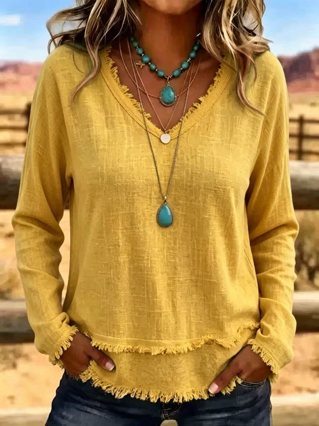 Women's V-Neck Long Sleeve Tassel Top | Casual Fit