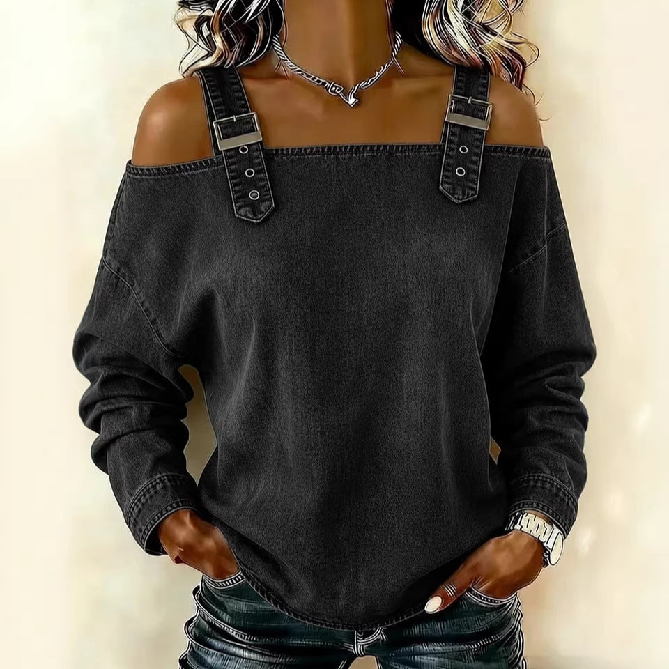 Black off-shoulder sweatshirt with button details on a neutral background