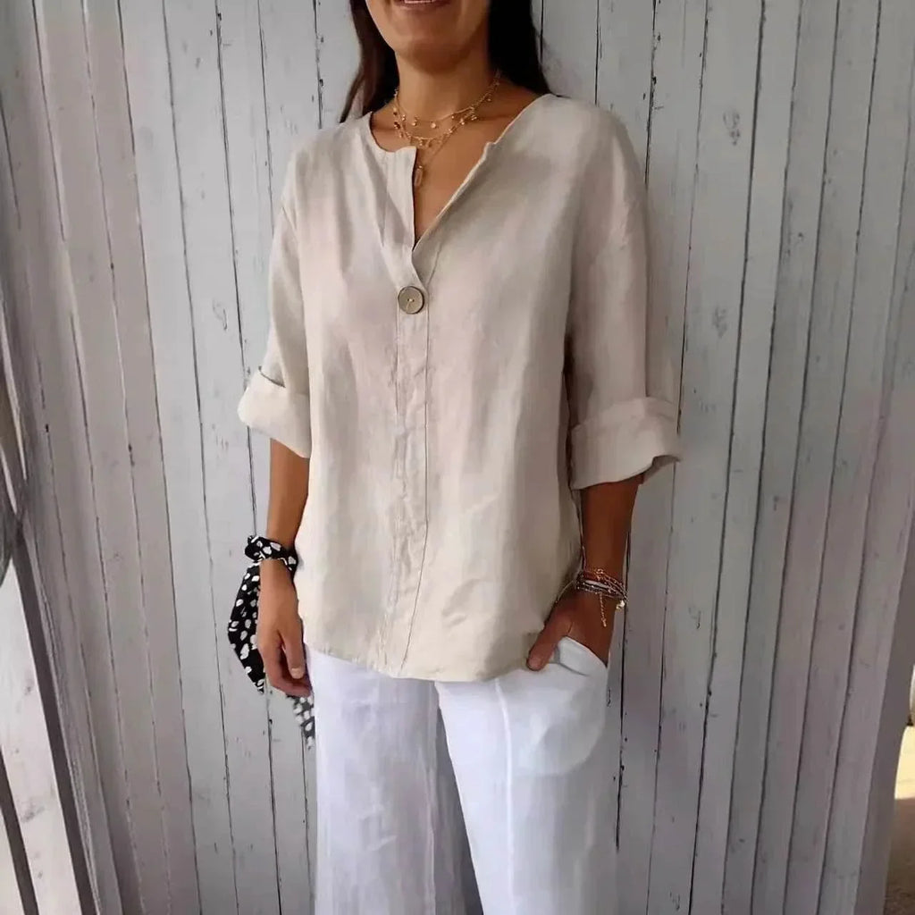 Loose Cotton Linen V-Neck Button Top for Women - ZA-Zola
