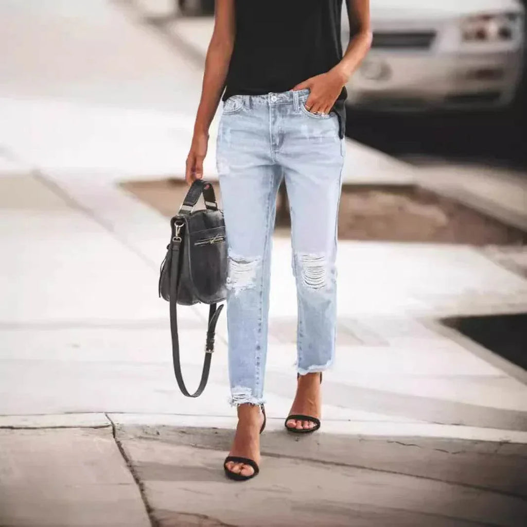 Women's Ripped Retro Straight Jeans - ZA-Zola