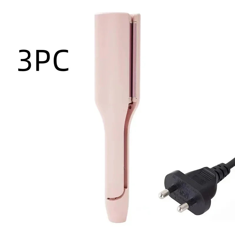 Pink electric hair curler with European plug, 3-piece set, isolated on white background