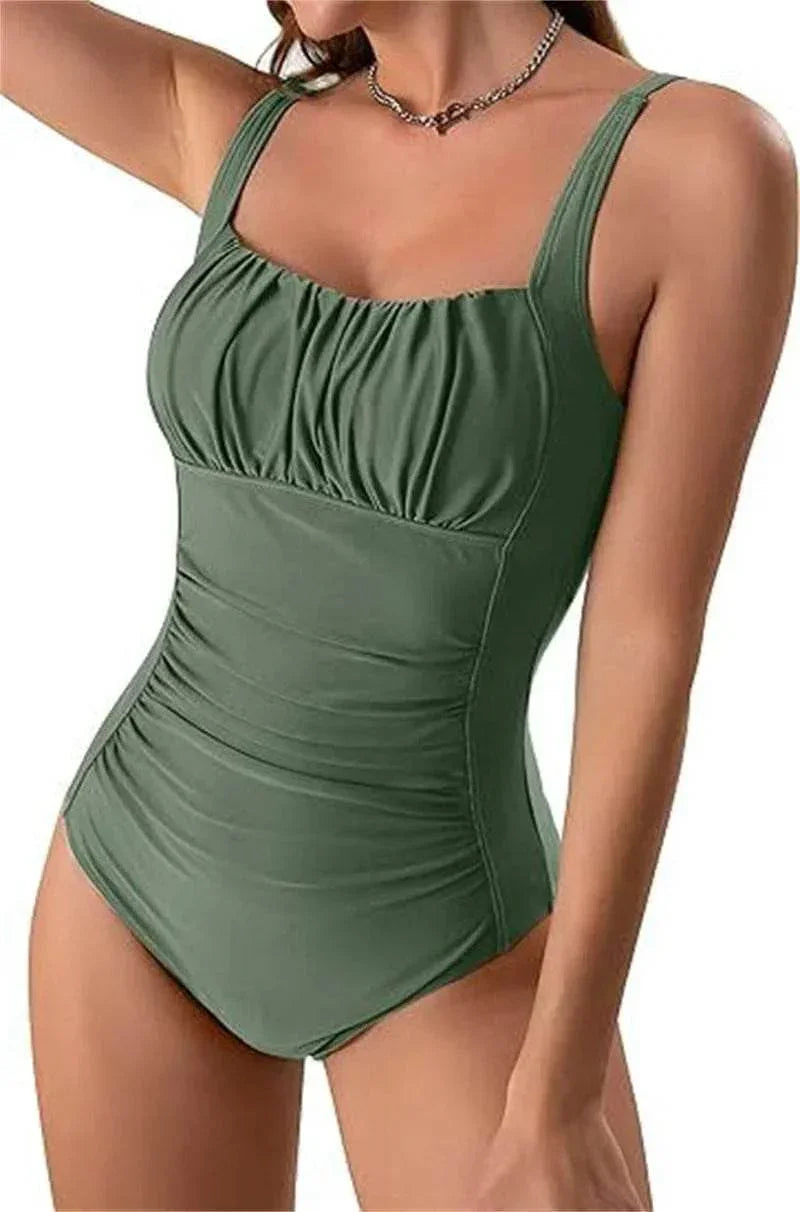 Square Neck Pleated Swimsuit – Beach Vacation Ready - ZA-Zola