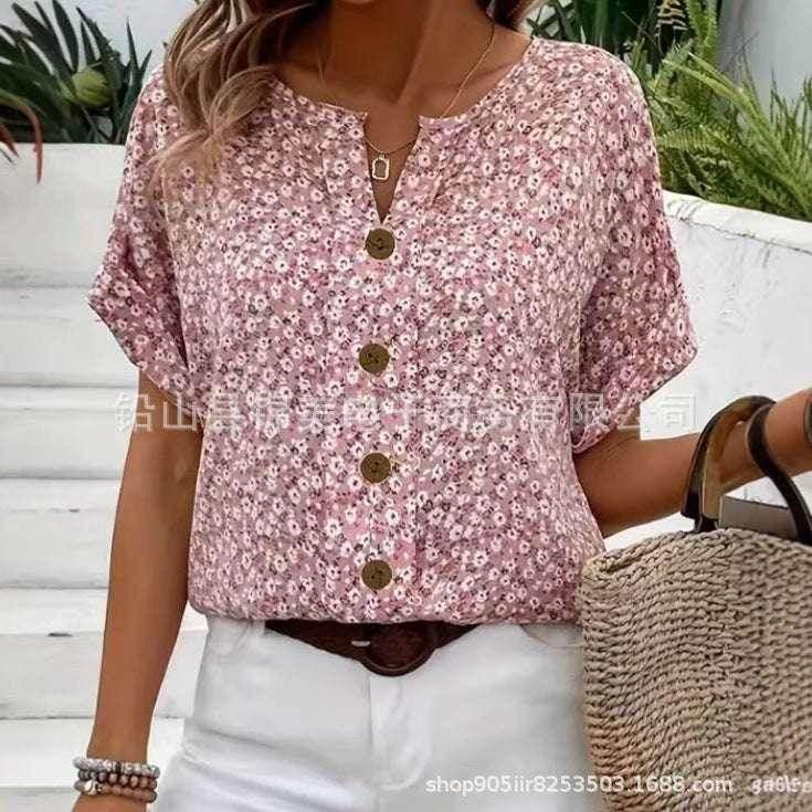 Jacquard V-Neck Short Sleeve T-Shirt – Pink - ZA-Zola