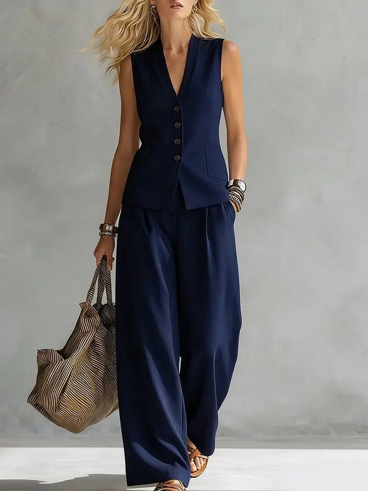 V Neck Sleeveless Linen Pants Set | Summer