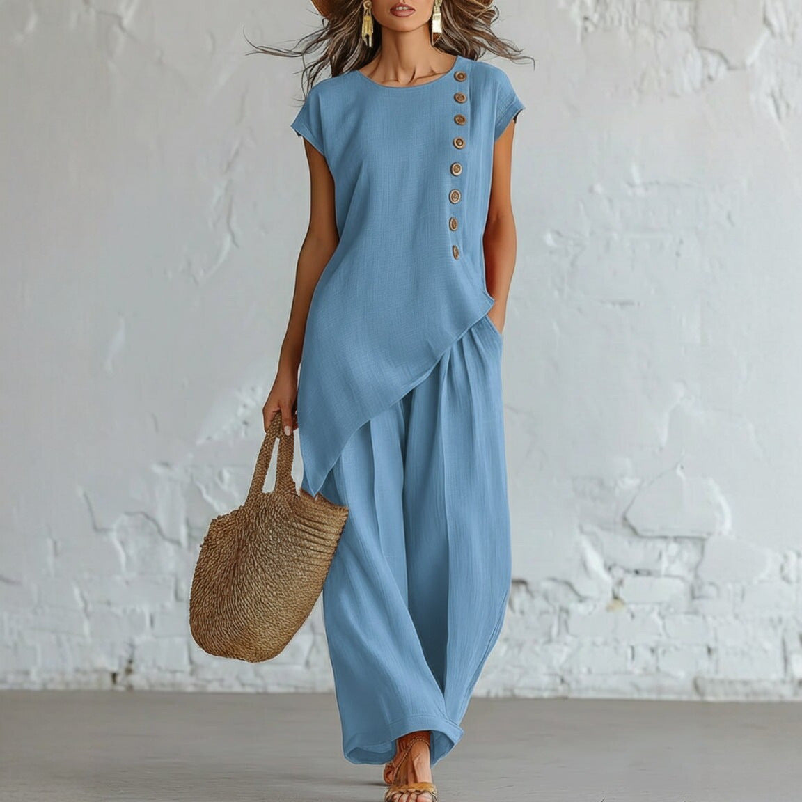 Woman wearing a blue dress with button details, holding a straw bag against a white brick wall.