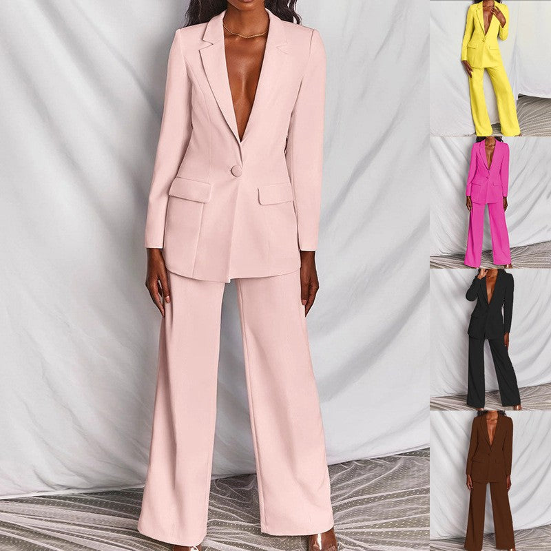 Pink suit worn by a model on a white background with color swatches.