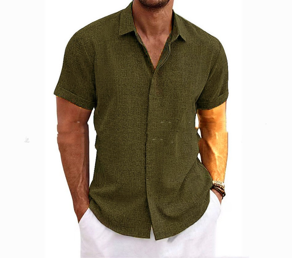 Man wearing a green short-sleeve shirt on a white background
