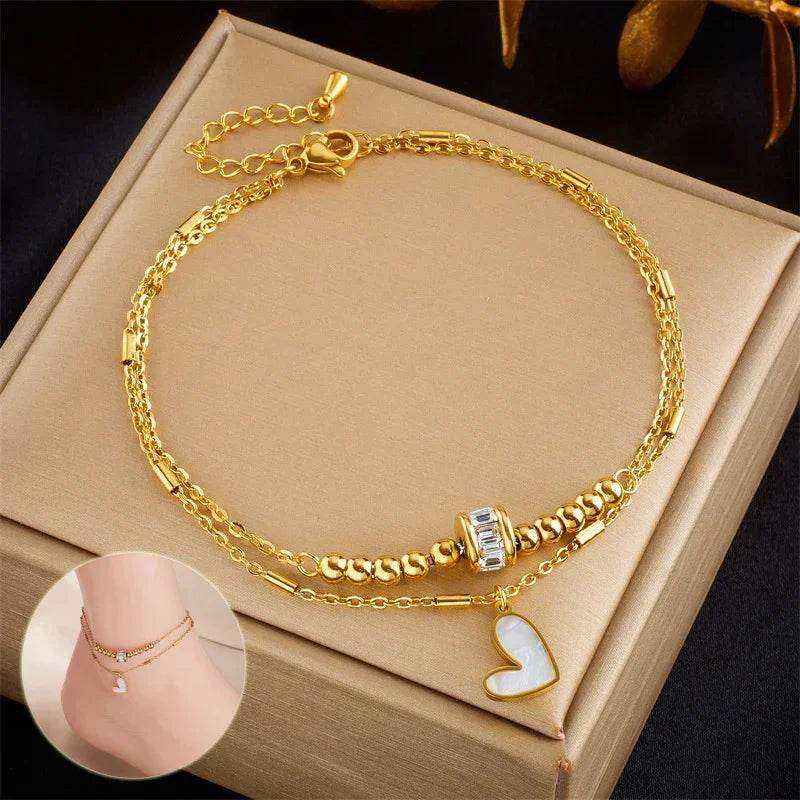 Boho Love Heart Double Layer Anklet – Chic Gold Jewelry - ZA-Zola