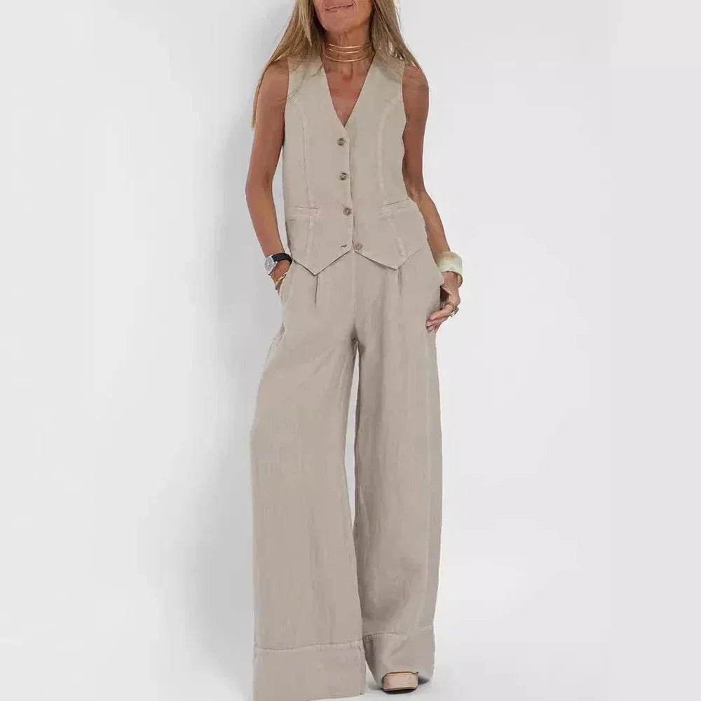 Woman modeling beige wide-leg trousers and matching vest, chic fashion from ZA-Zola UK