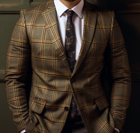 A close-up of a man wearing a brown and beige plaid blazer over a white dress shirt and a dark patterned tie.
