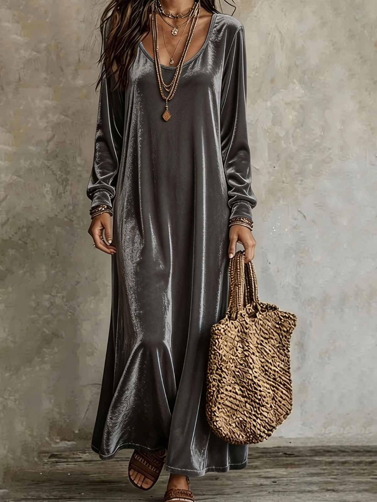 A woman wearing a long-sleeve, floor-length dark gray velvet slip dress, accessorized with layered gold necklaces and a woven straw tote bag, standing against a textured gray wall.