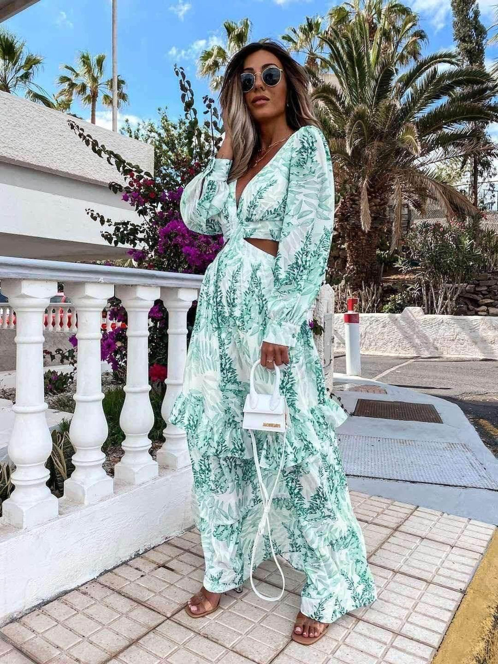 Elegant V-Neck Long Sleeve Chiffon Dress - ZA-Zola
