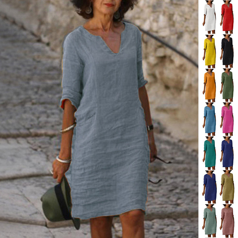 Cotton Linen V-Neck High Waist Retro Summer Dress – A-Line Solid Colour Mid-Length
