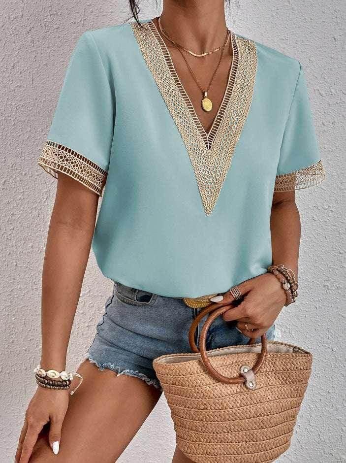 V-Neck Lace Patchwork Loose Commuter Top - ZA-Zola