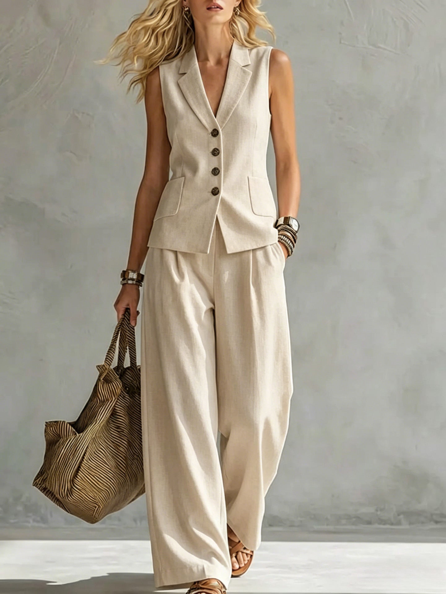 V Neck Sleeveless Linen Pants Set | Summer