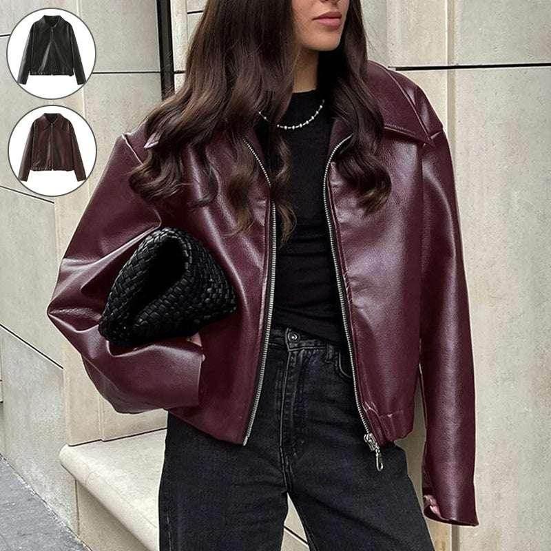 Shop Solid Color Lapel Zipper Jacket for Women | Casual Leather Coat - ZA-Zola