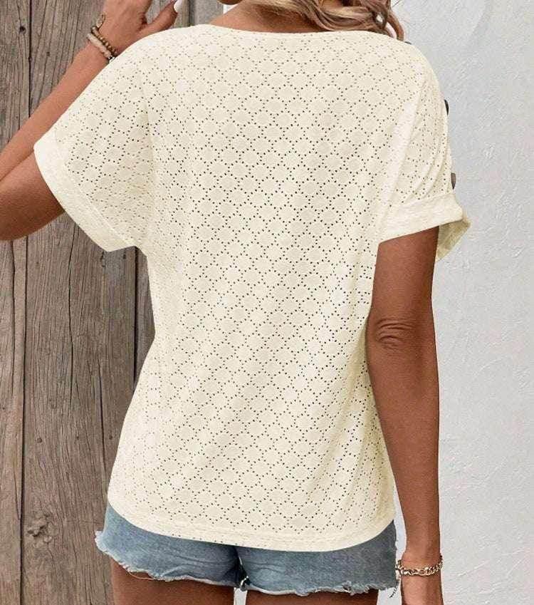 Button Jacquard Loose Summer T-Shirt for Women - ZA-Zola