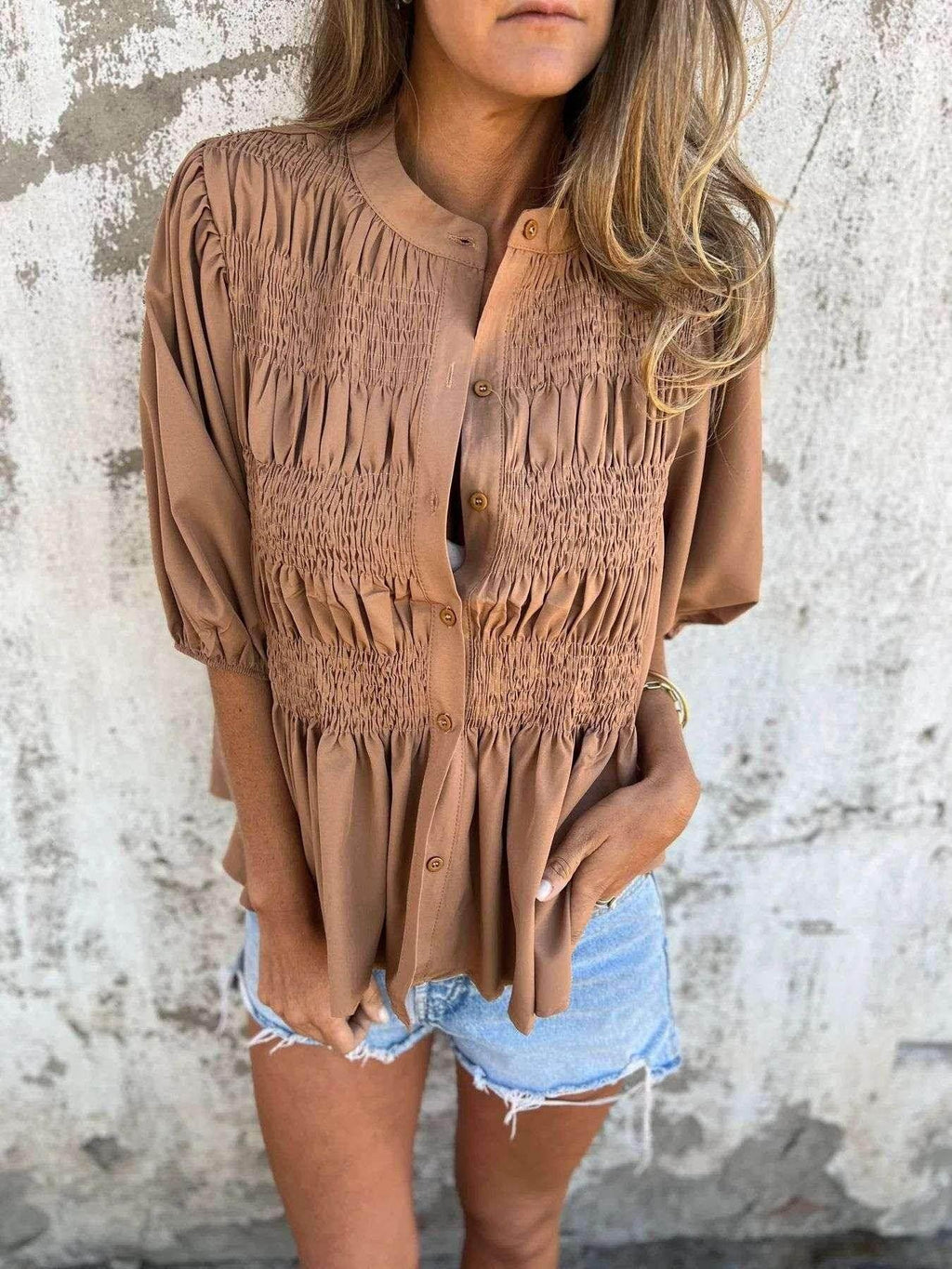 Pleated Button Casual Summer T-shirt for Women - ZA-Zola