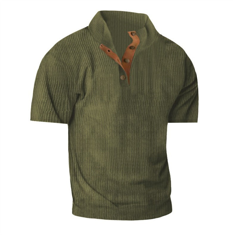 Green ribbed sweater with brown leather yoke on a white background