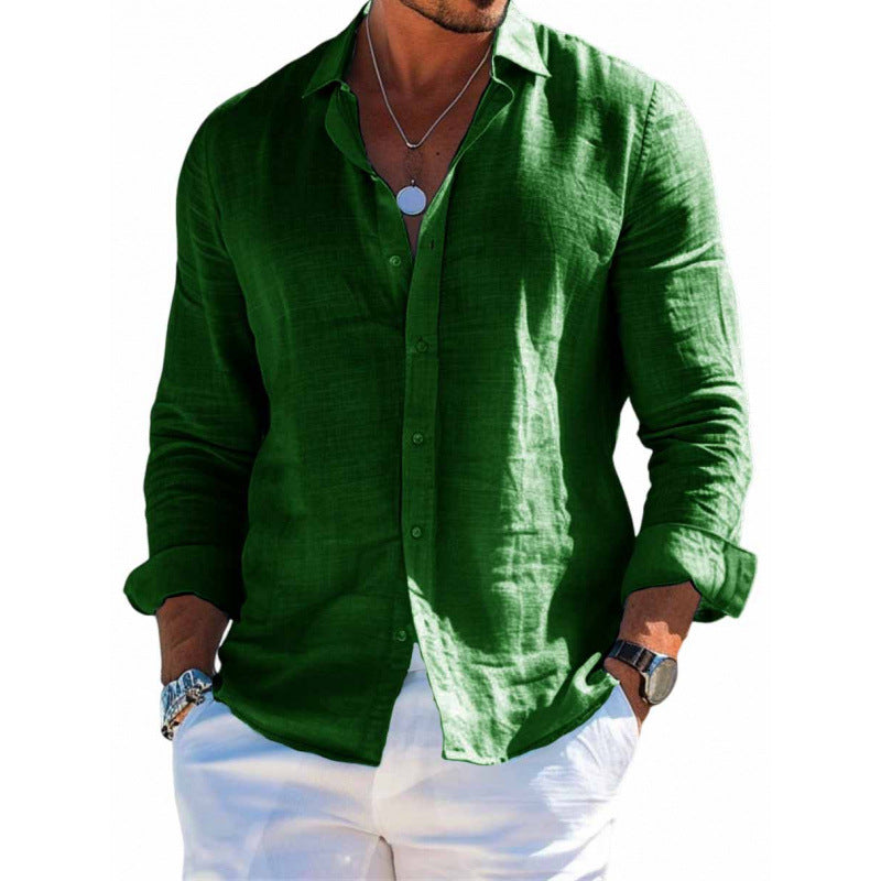 Green button-up shirt worn by a person on a white background
