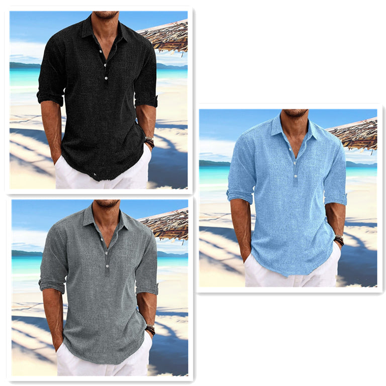 Collage of a man wearing different colored shirts on a beach.