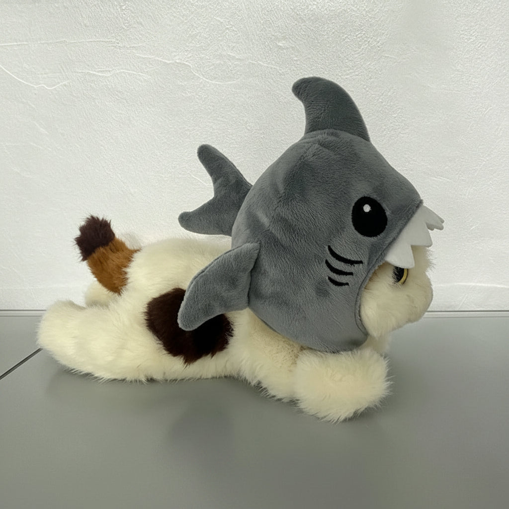 A plush toy shaped like a white cat wearing a gray shark hood, lying on a gray surface against a white textured wall. A blue Chinese text overlay is visible in the top left corner.