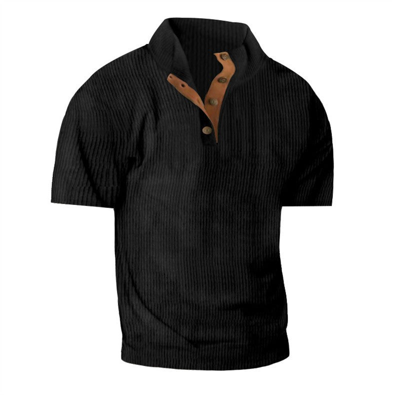 Black ribbed knit shirt with brown buttons on a white background