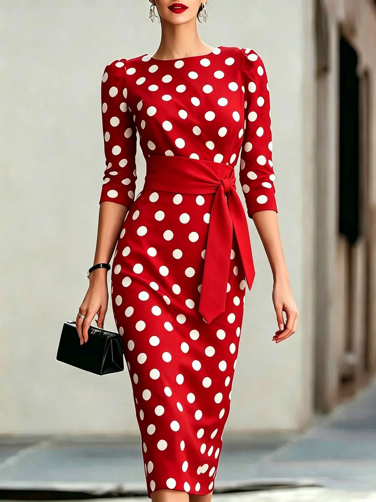 Red dress with white polka dots worn by a person, standing against a neutral background.