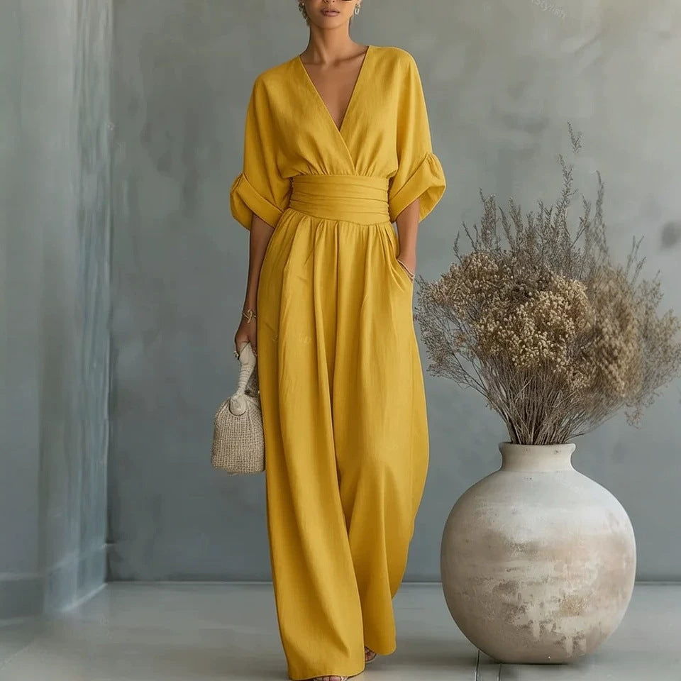V Neck Wide Leg Jumpsuit – Short Sleeve Elegant Summer Casual Women Outfit